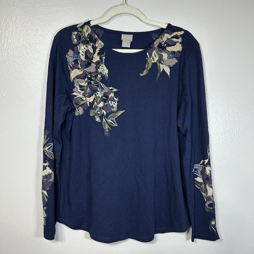 Chicos Women's Floral Sequin Embellished Long Sleeve Top Size 1 Cotton Modal